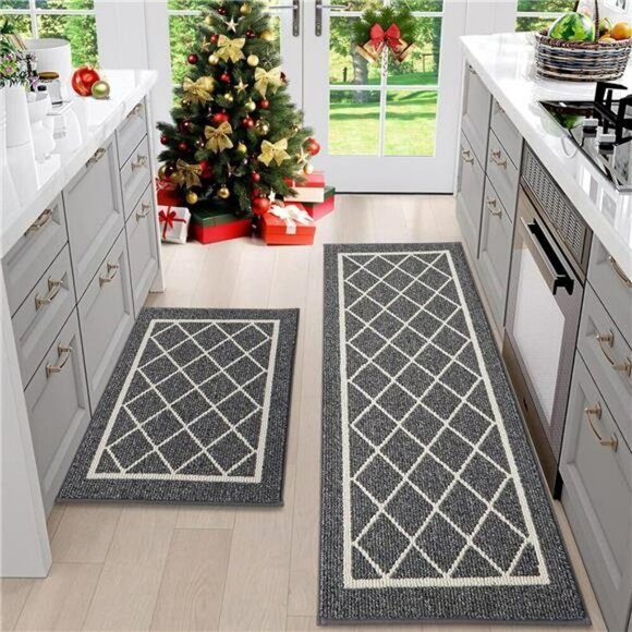 Non Slip Kitchen Rugs Set of 2 Grey Washable Runner Mats for Floor Sink - Picture 1 of 7